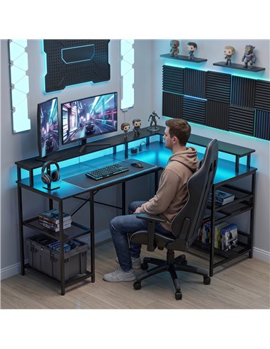 HOMCOM L Shaped Gaming Desk with LED Lights and Power Outlets, 150cm Corner Computer Desk for Small Space, Black