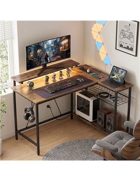 HOMCOM Reversible 'L' LED Light Gaming/Work Desk - Rustic Brown - pic 210646 | FastDaddyshop