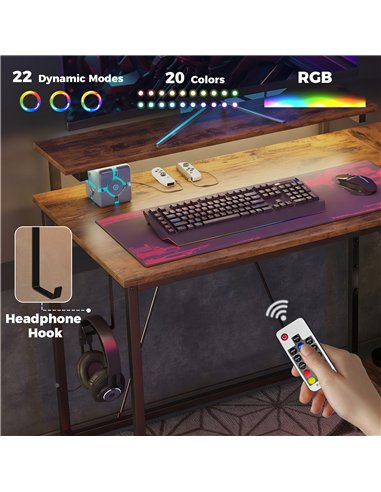 HOMCOM Reversible 'L' LED Light Gaming/Work Desk - Rustic Brown