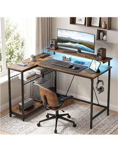 HOMCOM Reversible 'L' LED Light Gaming/Work Desk - Rustic Brown