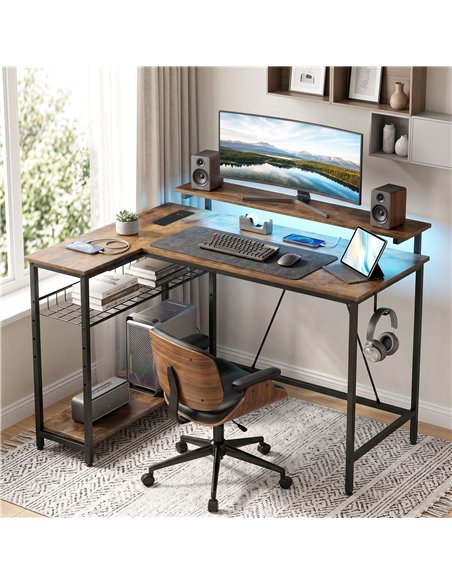 HOMCOM Reversible 'L' LED Light Gaming/Work Desk - Rustic Brown - pic 210652 | FastDaddyshop