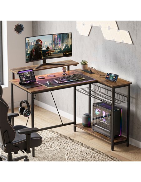 HOMCOM Reversible 'L' LED Light Gaming/Work Desk - Rustic Brown - pic 210653 | FastDaddyshop