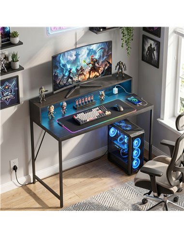 HOMCOM Gaming Desk, 100cm Computer Desk with LED Lights, Power Outlets, Monitor Stand and Remote, Black Wood-Effect