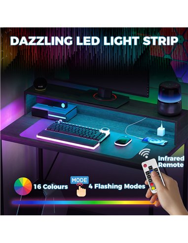 HOMCOM Gaming Desk, 100cm Computer Desk with LED Lights, Power Outlets, Monitor Stand and Remote, Black Wood-Effect