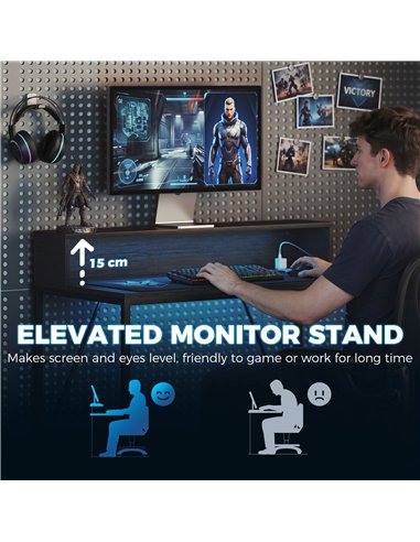 HOMCOM Gaming Desk, 100cm Computer Desk with LED Lights, Power Outlets, Monitor Stand and Remote, Black Wood-Effect