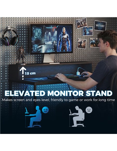 HOMCOM Gaming Desk, 100cm Computer Desk with LED Lights, Power Outlets, Monitor Stand and Remote, Black Wood-Effect - pic 210659 | FastDaddyshop