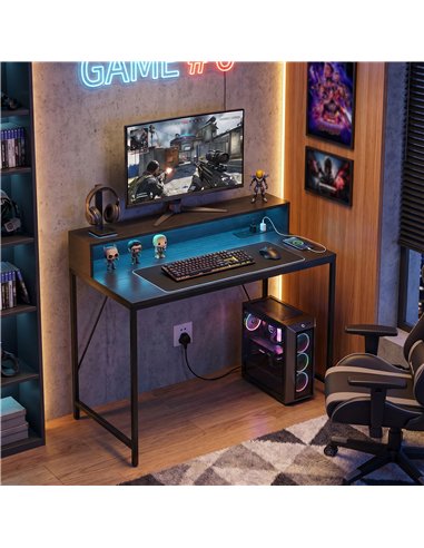 HOMCOM Gaming Desk, 100cm Computer Desk with LED Lights, Power Outlets, Monitor Stand and Remote, Black Wood-Effect