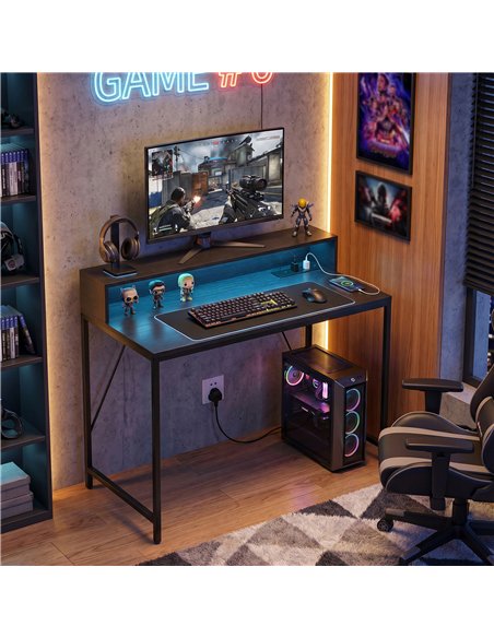 HOMCOM Gaming Desk, 100cm Computer Desk with LED Lights, Power Outlets, Monitor Stand and Remote, Black Wood-Effect - pic 210661 | FastDaddyshop