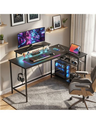 HOMCOM Reversible 'L' LED Light Gaming/Work Desk - Black