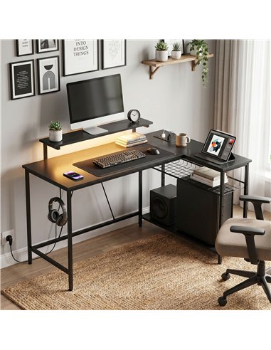 HOMCOM Reversible 'L' LED Light Gaming/Work Desk - Black