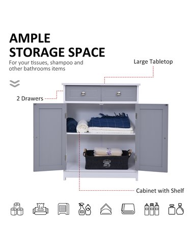 Kleankin Bathroom Storage Cabinet with 2 Drawers, Adjustable Shelf, Grey and White