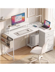 HOMCOM L Shaped Gaming Desk Reversible Power Outlets Corner Desk Storage Drawers Monitor Shelf 150 cm White 2
