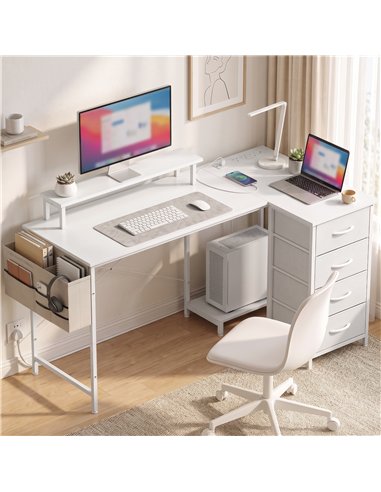 HOMCOM L Shaped Gaming Desk Reversible Power Outlets Corner Desk Storage Drawers Monitor Shelf 150 cm White