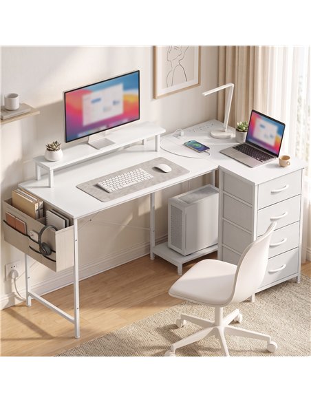 HOMCOM L Shaped Gaming Desk Reversible Power Outlets Corner Desk Storage Drawers Monitor Shelf 150 cm White - pic 210709 | FastDaddyshop