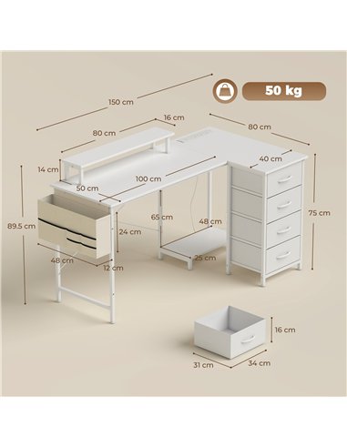 HOMCOM L Shaped Gaming Desk Reversible Power Outlets Corner Desk Storage Drawers Monitor Shelf 150 cm White