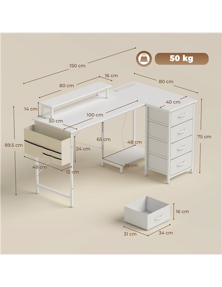 HOMCOM L Shaped Gaming Desk Reversible Power Outlets Corner Desk Storage Drawers Monitor Shelf 150 cm White - pic 210710 | FastDaddyshop