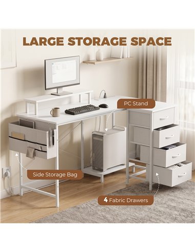 HOMCOM L Shaped Gaming Desk Reversible Power Outlets Corner Desk Storage Drawers Monitor Shelf 150 cm White