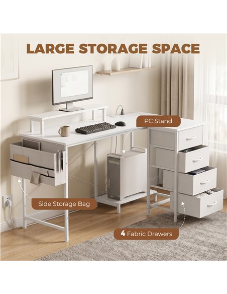 HOMCOM L Shaped Gaming Desk Reversible Power Outlets Corner Desk Storage Drawers Monitor Shelf 150 cm White - pic 210711 | FastDaddyshop