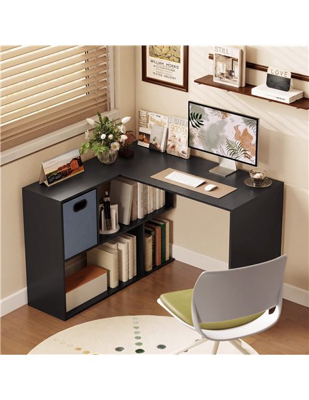 HOMCOM 110 cm L-Shaped Desk, Small Computer Desk with Fabric Drawer and Storage Shelves for Home Office, Study, Black - pic 210718 | FastDaddyshop