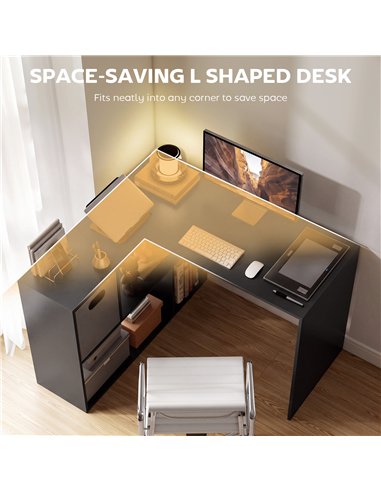 HOMCOM 110 cm L-Shaped Desk, Small Computer Desk with Fabric Drawer and Storage Shelves for Home Office, Study, Black