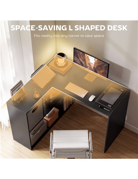 HOMCOM 110 cm L-Shaped Desk, Small Computer Desk with Fabric Drawer and Storage Shelves for Home Office, Study, Black - pic 210720 | FastDaddyshop