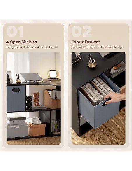 HOMCOM 110 cm L-Shaped Desk, Small Computer Desk with Fabric Drawer and Storage Shelves for Home Office, Study, Black - pic 210721 | FastDaddyshop