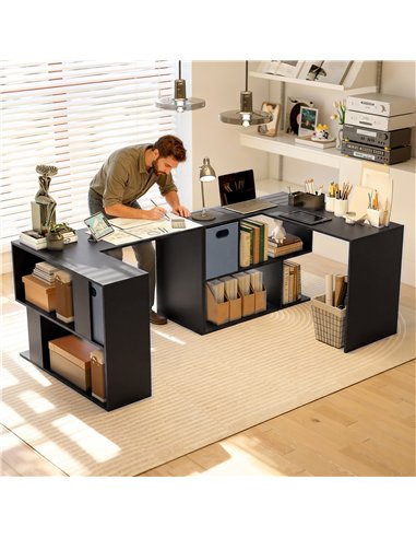 HOMCOM 110 cm L-Shaped Desk, Small Computer Desk with Fabric Drawer and Storage Shelves for Home Office, Study, Black