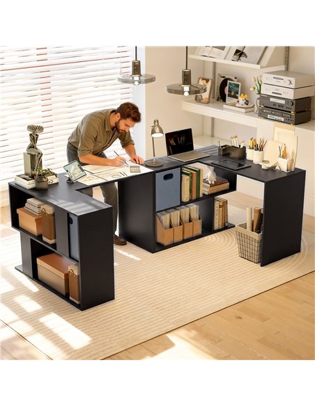 HOMCOM 110 cm L-Shaped Desk, Small Computer Desk with Fabric Drawer and Storage Shelves for Home Office, Study, Black - pic 210723 | FastDaddyshop