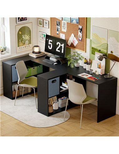 HOMCOM 110 cm L-Shaped Desk, Small Computer Desk with Fabric Drawer and Storage Shelves for Home Office, Study, Black