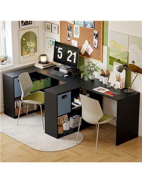 HOMCOM 110 cm L-Shaped Desk, Small Computer Desk with Fabric Drawer and Storage Shelves for Home Office, Study, Black - pic 210724 | FastDaddyshop