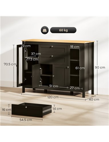 HOMCOM Modern Storage Cabinet, Sideboard with Oak Top, 4 Doors, 2 Drawers and 5 Adjustable Shelves, Black Brown