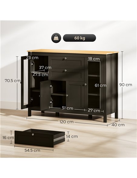 HOMCOM Modern Storage Cabinet, Sideboard with Oak Top, 4 Doors, 2 Drawers and 5 Adjustable Shelves, Black Brown - pic 210728 | FastDaddyshop