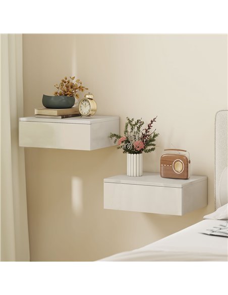HOMCOM Floating Bedside Table Set of 2, Wall-Mounted Nightstand with High Gloss Finish & Storage Drawer, White - pic 210763 | FastDaddyshop