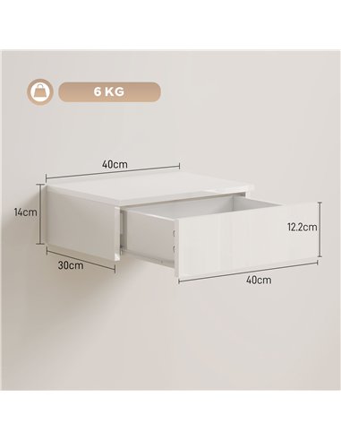 HOMCOM Floating Bedside Table Set of 2, Wall-Mounted Nightstand with High Gloss Finish & Storage Drawer, White