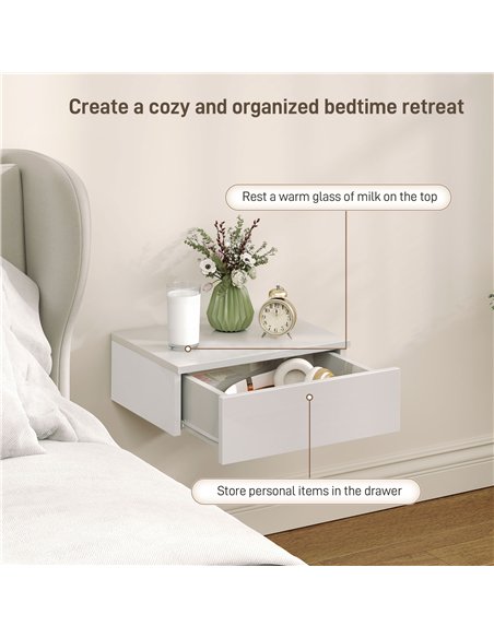 HOMCOM Floating Bedside Table Set of 2, Wall-Mounted Nightstand with High Gloss Finish & Storage Drawer, White - pic 210765 | FastDaddyshop