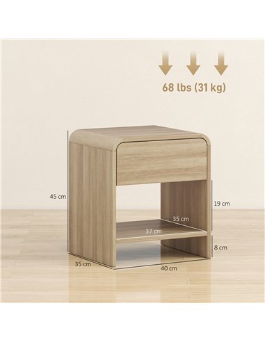 HOMCOM Bedside Tables Set of 2, Nightstands with Rounded Corners, Modern Side Table with Silent Drawer for Bedroom, Natural