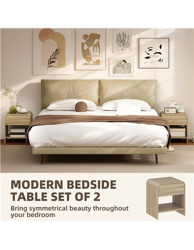HOMCOM Bedside Tables Set of 2, Nightstands with Rounded Corners, Modern Side Table with Silent Drawer for Bedroom, Natural