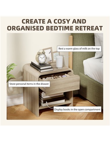 HOMCOM Bedside Tables Set of 2, Nightstands with Rounded Corners, Modern Side Table with Silent Drawer for Bedroom, Natural