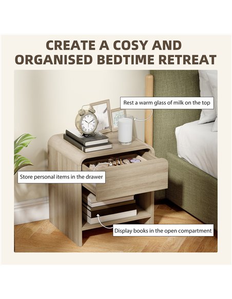 HOMCOM Bedside Tables Set of 2, Nightstands with Rounded Corners, Modern Side Table with Silent Drawer for Bedroom, Natural - pic 210775 | FastDaddyshop