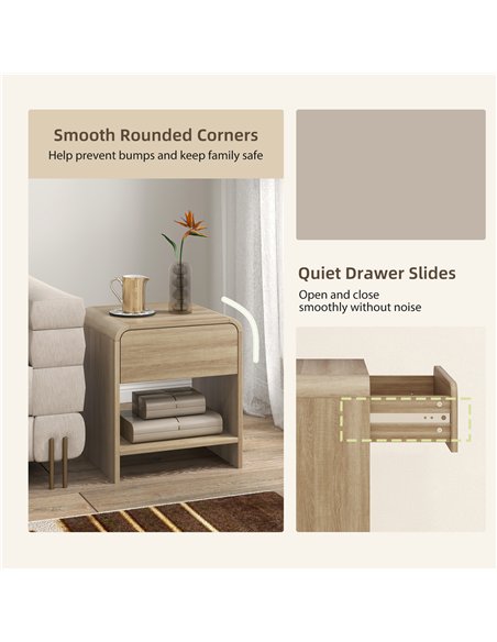 HOMCOM Bedside Tables Set of 2, Nightstands with Rounded Corners, Modern Side Table with Silent Drawer for Bedroom, Natural - pic 210776 | FastDaddyshop