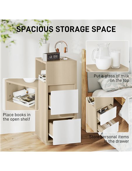HOMCOM Slim Bedside Table, Narrow Bedside Cabinet with Open Shelf and 2 Drawers for Bedroom, Living Room, Natural Wood Finish - pic 210792 | FastDaddyshop