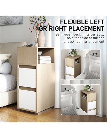 HOMCOM Slim Bedside Table, Narrow Bedside Cabinet with Open Shelf and 2 Drawers for Bedroom, Living Room, Natural Wood Finish - pic 210794 | FastDaddyshop