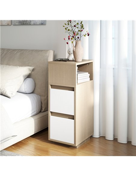 HOMCOM Slim Bedside Table, Narrow Bedside Cabinet with Open Shelf and 2 Drawers for Bedroom, Living Room, Natural Wood Finish - pic 210796 | FastDaddyshop