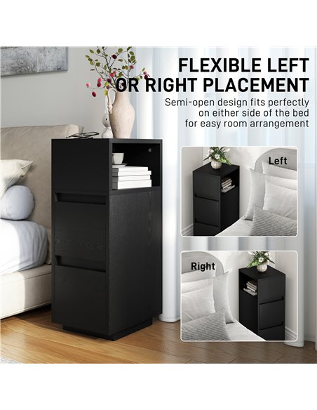 HOMCOM Slim Bedside Table, Narrow Bedside Cabinet with Open Shelf and 2 Drawers for Bedroom, Living Room, Black - pic 210803 | FastDaddyshop