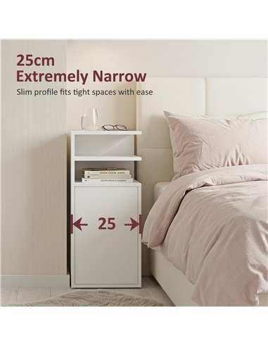 HOMCOM Slim Bedside Table Set of 2, Narrow Bedside Cabinet with Open Cubbies and Cupboard for Bedroom Living Room, White