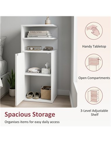 HOMCOM Slim Bedside Table Set of 2, Narrow Bedside Cabinet with Open Cubbies and Cupboard for Bedroom Living Room, White