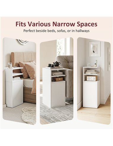 HOMCOM Slim Bedside Table Set of 2, Narrow Bedside Cabinet with Open Cubbies and Cupboard for Bedroom Living Room, White