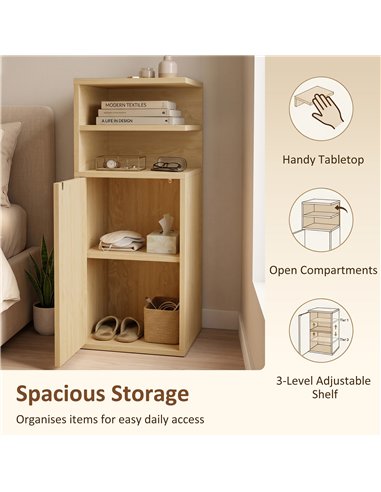 HOMCOM Slim Bedside Table Set of 2, Narrow Bedside Cabinet with Open Cubbies and Cupboard for Bedroom Living Room, Oak