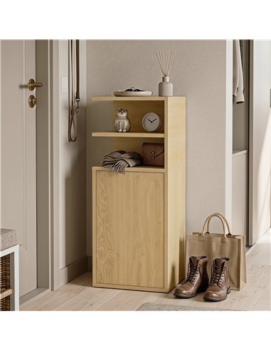 HOMCOM Slim Bedside Table Set of 2, Narrow Bedside Cabinet with Open Cubbies and Cupboard for Bedroom Living Room, Oak