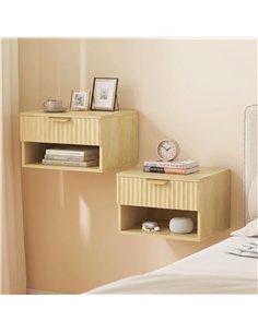 HOMCOM Floating Nightstands Set of 2, Modern Wall-Mounted Bedside Tables with Fluted Drawer and Open Shelf for Bedroom, Oak 2